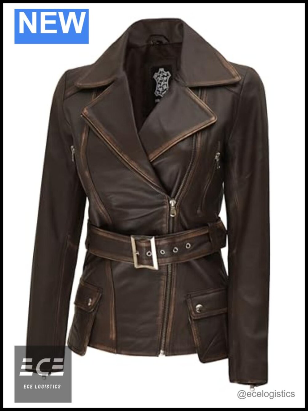 Real Lambskin Asymmetrical Belted Leather Jacket Women Zip Moto Coat